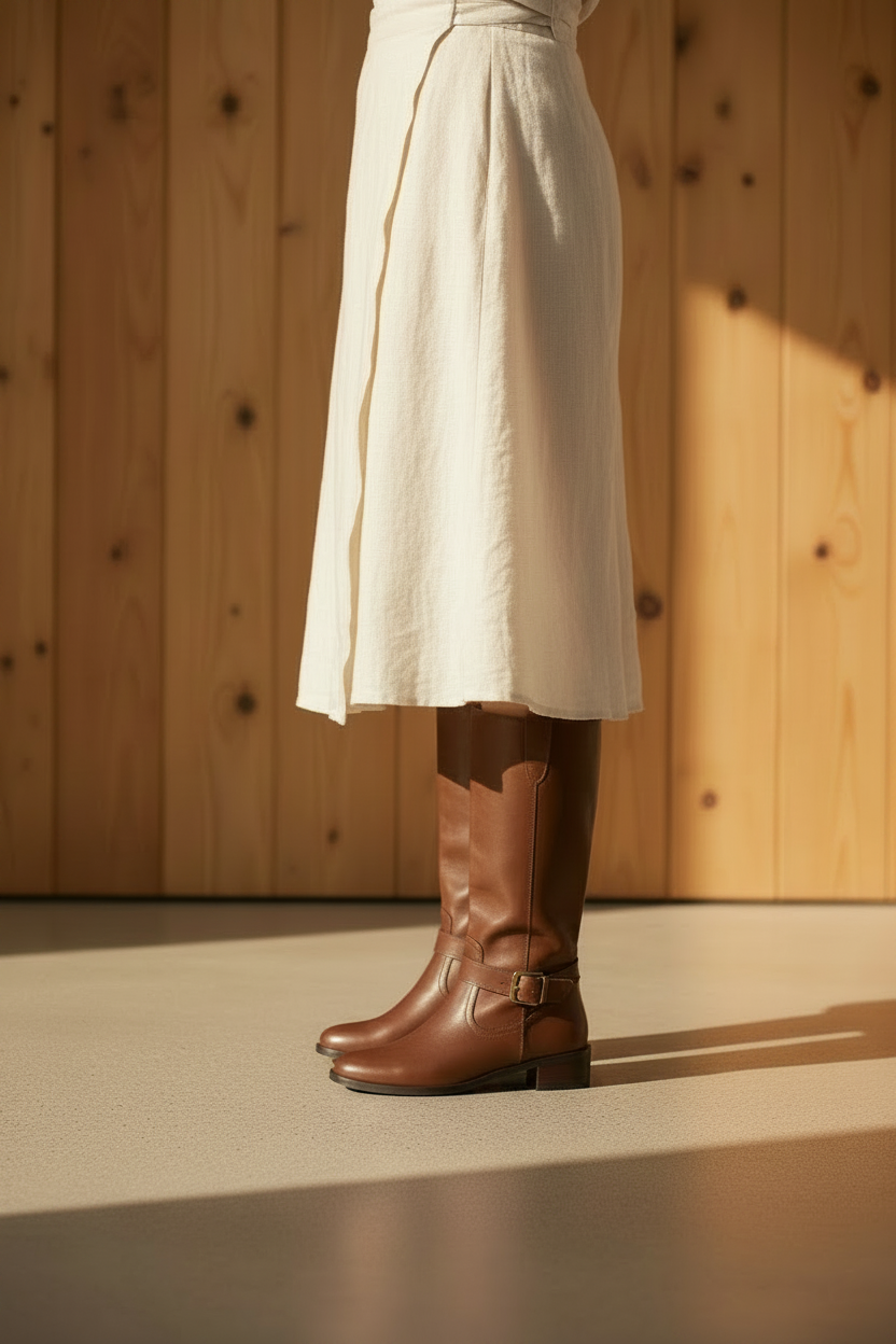 Botas de piel color tabaco de caña alta con hebilla lateral, calzado de temporada MD para mujer