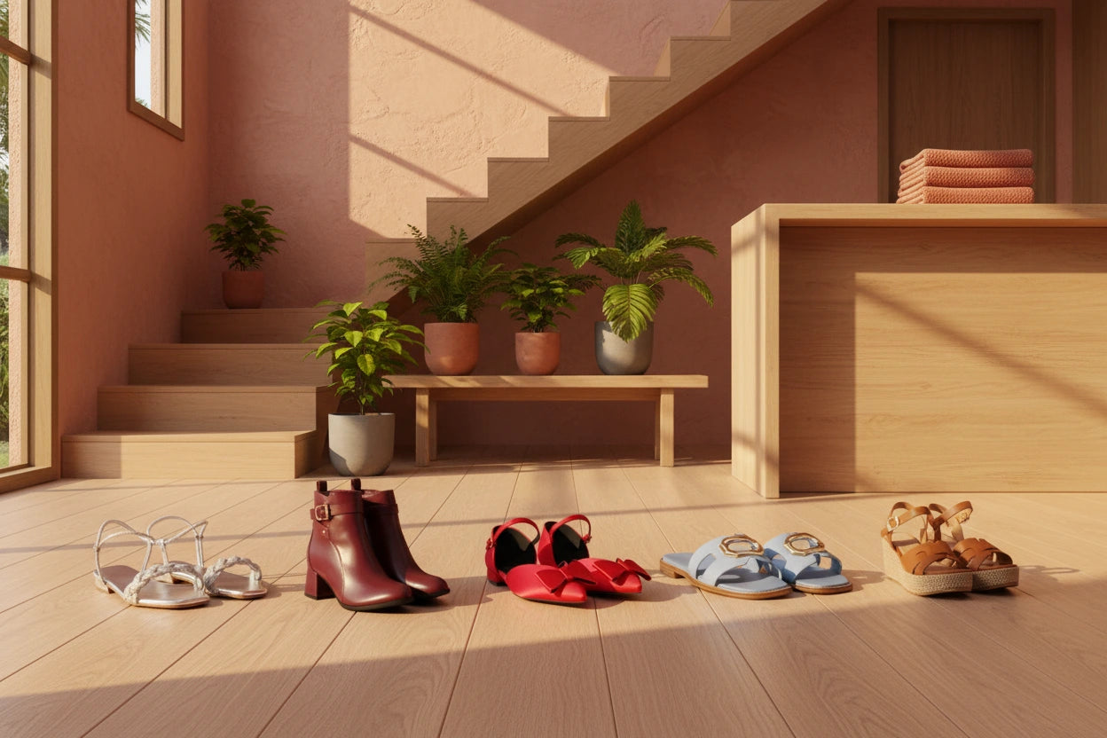 Fotografía publicitaria de calzado para mujer en un recibidor minimalista de estilo tropical. En el primer plano, sobre un suelo de madera clara, se alinean cinco estilos de zapatos: sandalias plateadas trenzadas, botines de cuero color vino (burgundy), bailarinas rojas con lazo, sandalias planas celestes con hebilla dorada y sandalias de plataforma color café. Al fondo, bajo una escalera de madera, destaca una banca con plantas en macetas de terracota y una pared color melocotón iluminada por la luz cálida