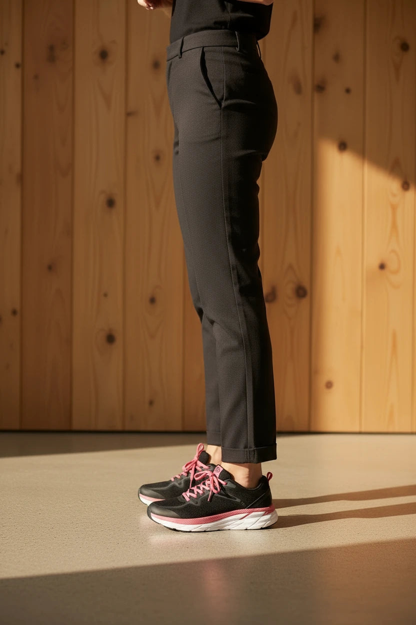Calzado deportivo MD para mujer en color negro con detalles rosa, diseño ergonómico y sofisticado