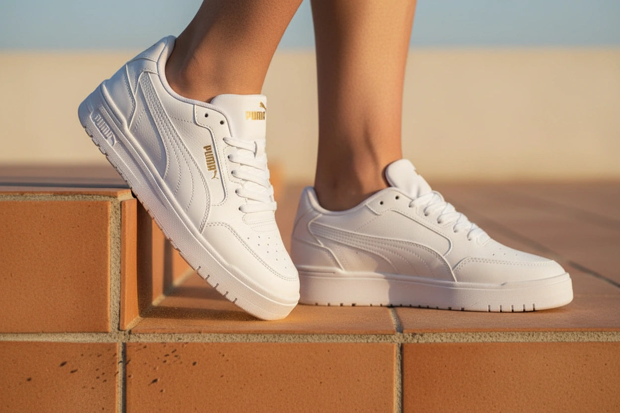 Primer plano lateral de zapatillas Puma CA Pro blancas con detalles dorados, calzadas por una persona subiendo un escalón de terracota en luz de atardecer. Estilo de vida urbano y elegante de MD