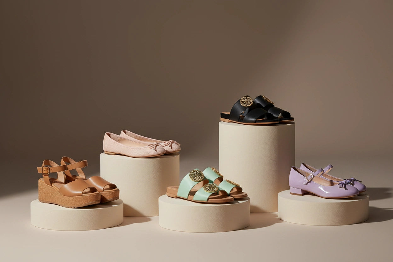 Calzado para mujer MD: sandalias, slides y balerinas en tonos camel, negro, menta, rosa y lila