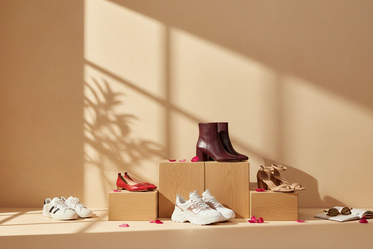 Colección de calzado femenino MD: sneakers retro, botines de cuero burgundy, flats rojos y sandalias de tacón bloque sobre pedestales de madera en un ambiente minimalista con luz cálida de atardecer. Campaña "Tu historia merece un nuevo estilo" de MD