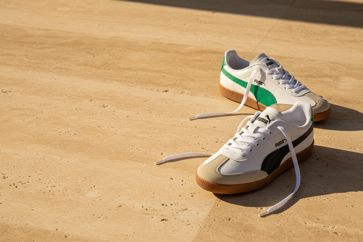 Dos pares de tenis PUMA 9-T en color blanco con detalles en negro y verde, sobre superficie de piedra travertina con iluminación natural cálida